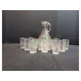 Vtg Crackle Glass Juice Pitcher w/ (13) Glasses