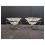 (2) Crackled Glass Bowls in Metal Stands