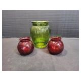 Vtg 8" Green Ribbed Vase w/ (2) 4" Ruby Red Vases