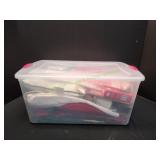 Tote of Christmas Decorations, Table Cloths &