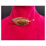 Vtg Goldtone Rhinestone Leaf Brooch