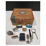 Vtg Cigar Box w/Lighters & More