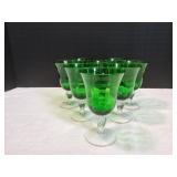 (8)Vtg 6.5" Green Glass Water Goblets w/Clear Stem