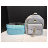 Ladies Grey Backpack w/ Blue Cosmetic Bag