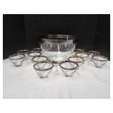 Vtg MCM Silver Rimmed Glass Punch Bowl Set
