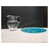 Vtg Glass Juice Pitcher w/ Blue Platter
