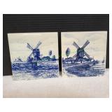 (2) Vtg Delft Blue Tile of Dutch Windmill Scenes