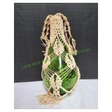 Green Glass Decorative Bottle in Macrame Holder