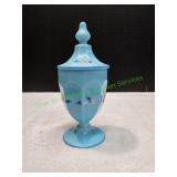 Vtg Westmoreland Blue Satin Slag Candy Jar w/ Lid