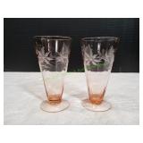 (2) Pink Depression Glass Etched Footed Tumblers