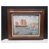 Vtg Asian Sail Boat Painting