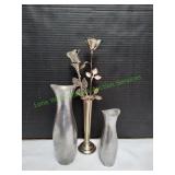 (3) Silver-Plate Bud Vases w/ (2) Silver Roses (3) Silver-Plate Bud Vases w/ (2) Silver Roses