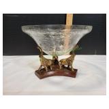 Crackled Bowl on Wood & Brass Elephant Stand Crackled Bowl on Wood & Brass Elephant Stand