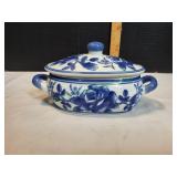 Vtg Blue & White Oval Covered Dish