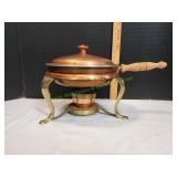 Vtg Cooper / Brass Chafing Dish w/ Wood Handle