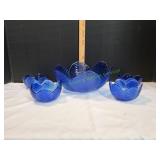 Vtg Cobalt Blue Glass Leaf Salad Bowl Set
