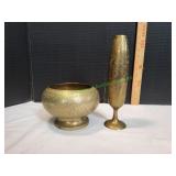 Vtg Etched Brass Bowl w/ Etched Brass Bud Vase