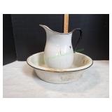 Vtg Porcelain Enamel Pitcher w/ Wash Basin