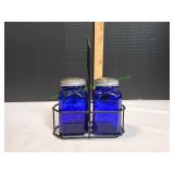 Vtg Cobalt Blue Salt & Pepper Shakers in Stand