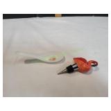 Vtg Chinese Soup Spoon w/ Flamingo Wine Stopper