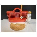 Red Plastic Beach Bag w/ Water Bottle & Sun Visor