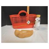 Red Plastic Beach Bag w/ Water Bottle & Sun Visor