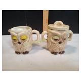 Vtg Ceramic Sleepy Owl Creamer & Sugar Set