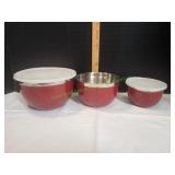 Set of (3) Red Metal Mixing Bowls w/ Lids