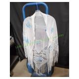 Vtg White/Blue Floral Piano Shawl w/ Fringe