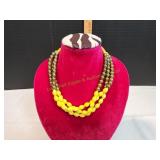 Vtg 3-Strand Yellow Bead Necklace