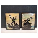 (2) Vtg Small Curved Glass Silhouette Painting