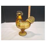 Vtg Amber Glass Standing Rooster Candy Dish