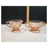 Vtg Pink Cabbage Rose Depression Creamer & Sugar