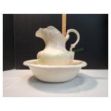 Vtg White Ceramic Wash Basin & Pitcher Set