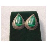 Vtg Sterling Silver Malachite Teardrop Earrings