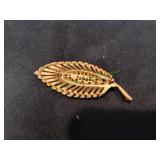 Vtg Goldtone Rhinestone Leaf Brooch