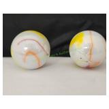 (2) White w/ Yellow & Orange Swirl Jumbo Marbles