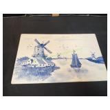Vtg 12.5x8 Delft Blue Windmill Scene Tile