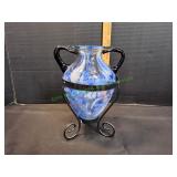 Blue & White Swirl Pattern Glass Vase w/ Stand