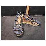 Navy Blue Wedge Cork Sandals, Sz 7