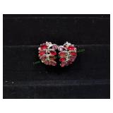 Vtg Red Rhinestone Leaf Motif Clip-On Earrings