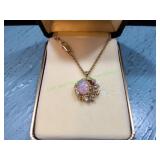 Vtg Gold-Tone Faux Opal/Rhinestone Pendant