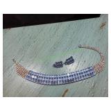 Vtg Blue Rhinestone Chocker w/ Clip-On Earrings