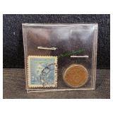 1937 German 1 Reichspfennig Coin w/ WWII Stamp