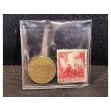 1938 German 10 Reichspfennig Coin w/ WWII Stamp