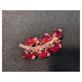 Vtg Red/Pink Stones Chaton Leaf Brooch