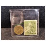 1939 German 5 Reichspfennig Coin w/ WWII Stamp