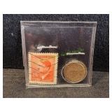 1937 German 1 Reichspfennig Coin w/ WWII Stamp