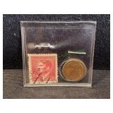 1937 German 1 Reichspfennig Coin w/ WWII Stamp