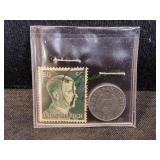 German 5 Reichspfennig Coin w/ WWII Stamp